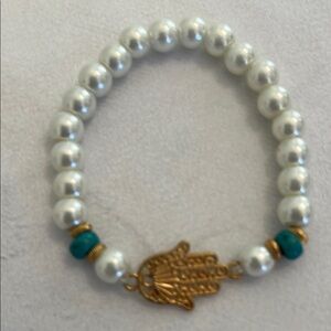 Gold and White Pearl Bracelet with Hamsa Charm